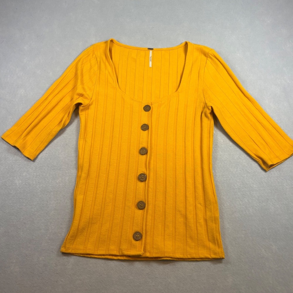 Free People Mustard Yellow Ribbed Button Front Scoop Neck Top 3/4 Sleeve Large